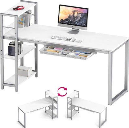 SHW 46-Inch Home Office Mission Computer Desk with Side Shelf and Drawer, White