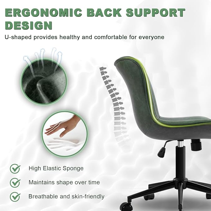 Armless Office Chair, Height Adjustable Desk Chair with Wheels, Ergonomic Comfy 360° Swivel Home Office Computer Task Chair, Faux Leather Padded Cute Vanity Chair,Green