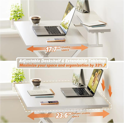 WOHOMO Folding Computer Desk with Adjustable Height, 23.6" x 31.5" x 25.6" Foldable Table with Monitor Stand, Small Office Desk for Bedroom, Space Saving Desk for Home Office, Easy Assemble, White