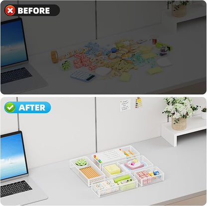 Marbrasse 5 Pack Desk Drawer Organizer Set, Mesh Drawer Storage Trays with 1 Adjustable Divider, Desk Organizers and Accessories, 5 PCS Drawer for Office Supplies, Makeup & Vanity (White)