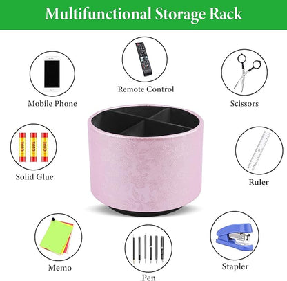 lizimandu Round Leather Art Supply Organizer,Remote Control Holder,360 Degree Spinning,Multi-Functional Pencil Holder,4 Compartments Desktop Stationary Organizer(1-Liuli Pink)