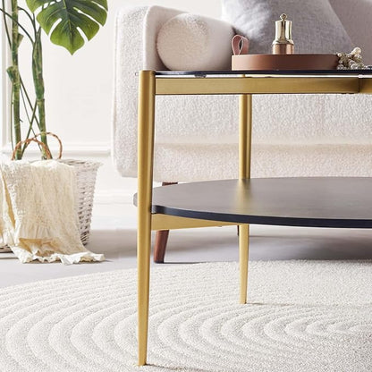 LumFurn Round Coffee Table for Living Room, Mid-Century Modern Design, D30 x H17, 2-Tier Structure, Grey Glass Top and Black Marble Finish Wood Shelf, Sleek Conical Metal Legs with Gold Finish Frame