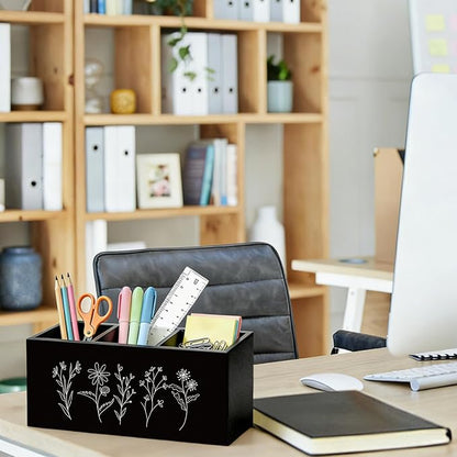 Black and White Floral Pen Pencil Holder for Desk, Minimalist Wildflower Botanical Wooden Box Sign Organizer for Home Office Bedroom Desk Accessories Tabletop Decorations