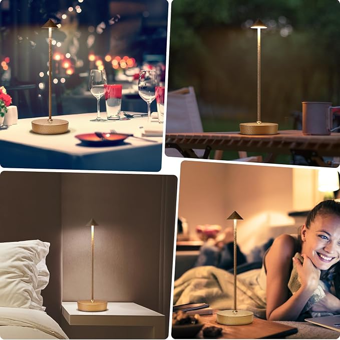 2Pack Rechargeable Cordless Table Lamp, Portable Powered LED Battery 6000mAh Metal USB Desk Lamp, 3 Levels Brightness Light for Restaurants Outdoor (2pack LCE Flower Gold)