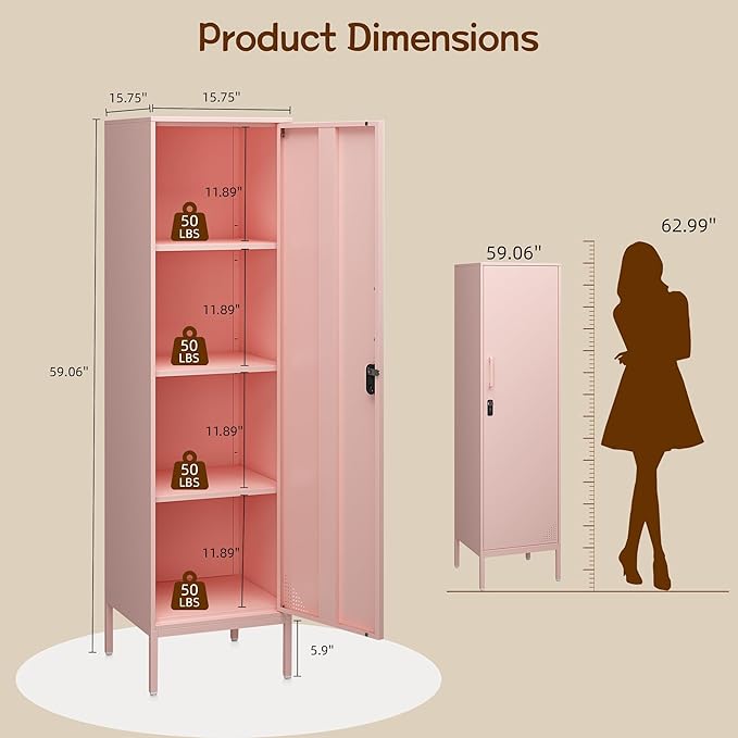 Locker Storage Cabinet Metal Locking Storage Cabinet (Pink) | With Door and Adjustable Shelves for Kitchen Pantry Home Office Bathroom School Dormitory