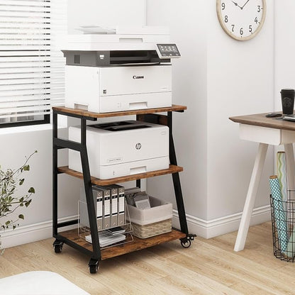 Natwind 23.6"x19.7" Large Printer Stand,3 Tier Printer Table with Charging Station, Rolling Cart with Adjustable Storage Shelf for Home Office Organization, Stand for Heat Press,3D Printer (Retro)