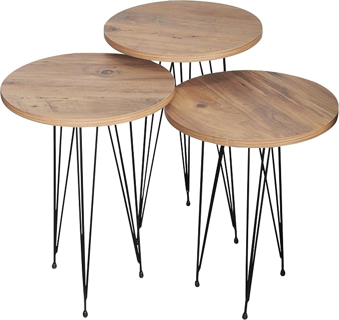 Set of 3 Pine Wood Nesting End Tables Round Wood Stacking Coffee Side Accent Table with Metal Legs for Living Room, Home Office, Nightstands for Bedroom