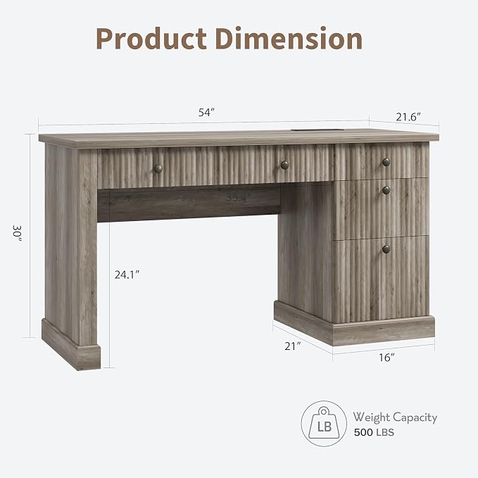Garvee Fluted Home Office Desk Storage, 54" Modern Executive Desk with Charging Station, Wooden Computer Writing Desk with File Cabinet & Drawers for Study, Living Room, Bedroom