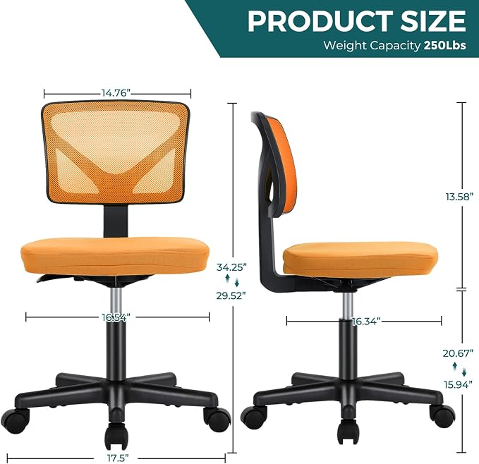 DUMOS Armless Office Chairs with Wheels, Ergonomic Adjustable Home Desk Swivel Rolling Task Chair No Arms, Comfy Mesh Mid Back Computer Work Vanity Desk Chairs for Small Spaces, Orange