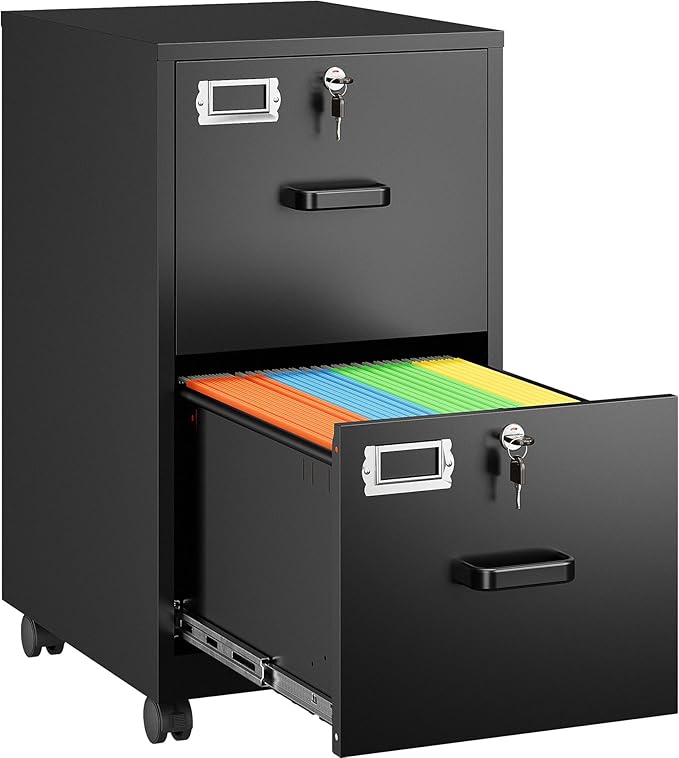 SISESOL 2 Drawer File Cabinet on Wheels,Metal Filing Cabinet with Lock,Black Rolling File Cabinets with Casters,Under Desk Office Cabinets for Home Office,Fit A4/Letter/Legal,Easy Assembly
