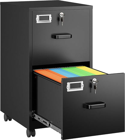 SISESOL 2 Drawer File Cabinet on Wheels,Metal Filing Cabinet with Lock,Black Rolling File Cabinets with Casters,Under Desk Office Cabinets for Home Office,Fit A4/Letter/Legal,Easy Assembly