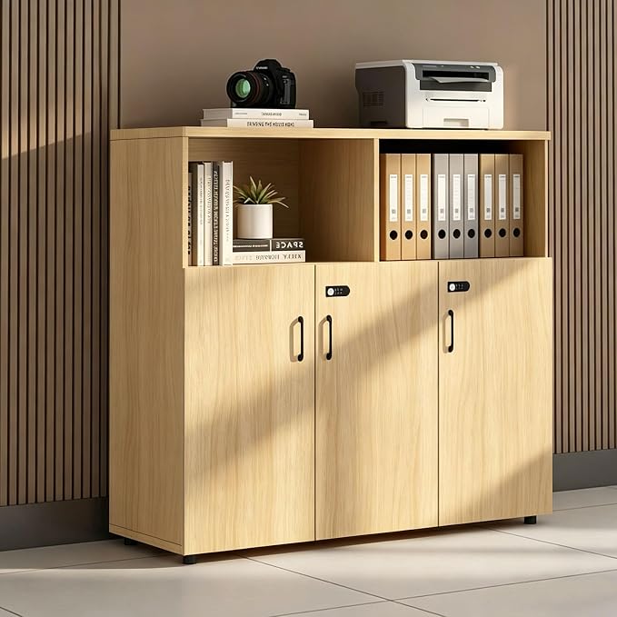File Cabinet with Password Lock, Wood Lateral Filing Cabinet for Letter/A4 Files, 3 Drawer with Door, Printer Stand with Open Shelves for Home Office