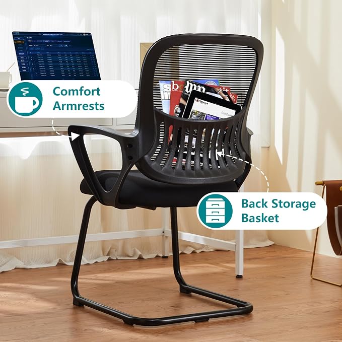 DUMOS Office Desk Chair with Sled Base Set of 2, Ergonomic Executive Mesh Computer Chairs with Lumbar Support for Home Bedroom Waiting Reception Guest Student
