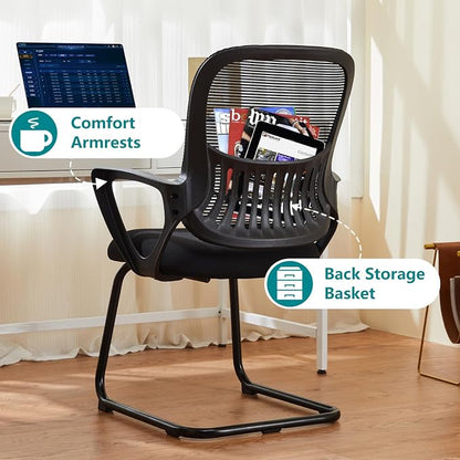 DUMOS Office Desk Chair with Sled Base Set of 2, Ergonomic Executive Mesh Computer Chairs with Lumbar Support for Home Bedroom Waiting Reception Guest Student