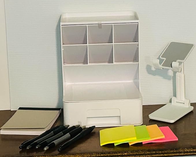 Minimalist Desk Starter Kit – 7 Piece Office Supplies Bundle with Organizer, Phone Stand, Notepad, Sticky Notes & Pens – White Aesthetic Workspace Set