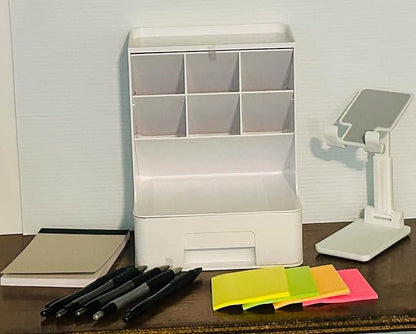 Minimalist Desk Starter Kit – 7 Piece Office Supplies Bundle with Organizer, Phone Stand, Notepad, Sticky Notes & Pens – White Aesthetic Workspace Set