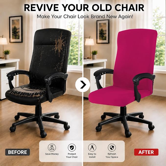 Stretch Computer Office Chair Cover with Durable Zipper - Universal Washable Removable Spandex Rotating Boss Chair Slipcovers - Anti-dust Soft Desk Chair Seat Protector for Dogs, Cats, Pets - Hot Pink