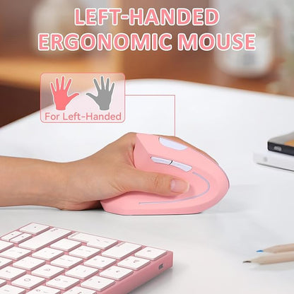 Left Handed Mouse, 2.4G Wireless Left Handed Ergonomic Mouse with 800/1200/1600 Adjustable DPI, 6 Buttons Wireless Vertical Mouse for MacBook/Laptop/PC/Desktop (Pink)