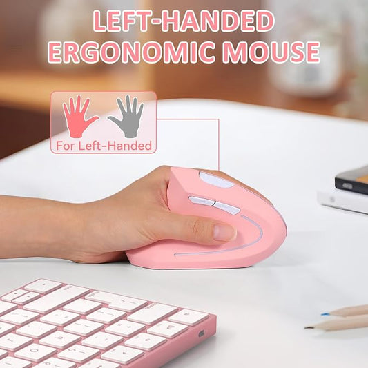 Left Handed Mouse, 2.4G Wireless Left Handed Ergonomic Mouse with 800/1200/1600 Adjustable DPI, 6 Buttons Wireless Vertical Mouse for MacBook/Laptop/PC/Desktop (Pink)
