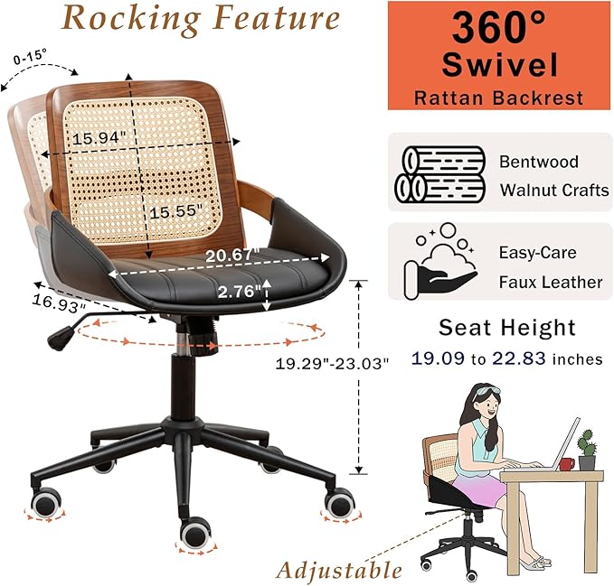 Home Office Desk Chair with Ergonomic Rattan Backrest, Walnut Crafts, Curved Arms, Faux Leather, Caster Wheels, Height Adjustable, Computer Chair for Desk Work, Executive Task, Conference Room - Black