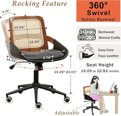 Home Office Desk Chair with Ergonomic Rattan Backrest, Walnut Crafts, Curved Arms, Faux Leather, Caster Wheels, Height Adjustable, Computer Chair for Desk Work, Executive Task, Conference Room - Black