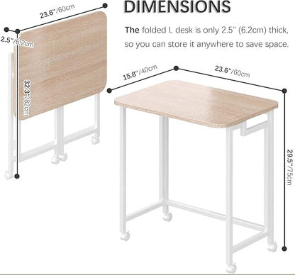 4NM 23.6" Mobile Small Rolling Computer Desk, Folding Laptop Cart Table with Wheels, Portable Office Desk for Small Space Couch Bed - Natural and White