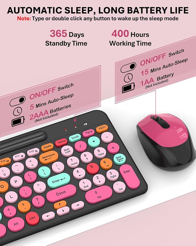 Colorful Wireless Keyboard and Mouse Combo - Round Keycaps, 2.4GHz Retro Typewriter Keyboard with Number Pad, Cute Compact USB Keyboard and Mouse for Computer PC Desktop Laptop (Pink & Black Colorful)
