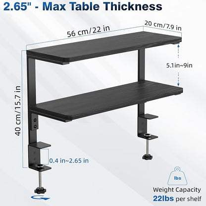 2-Tier Desk Extender, 22-inch Clamp-On Desk Shelf, Height-Adjustable Desktop Shelf Organizer for Monitors Office and Gaming Accessories, Arm Support Table Extension, Black