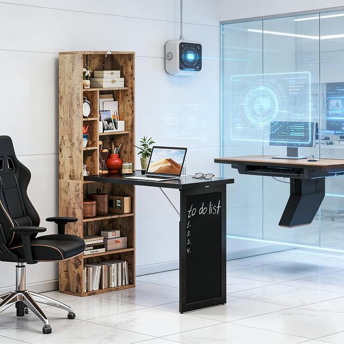 Foldable Wall Mounted Desk with Storage Shelves & Blackboard, Fold-Out Convertible Writing Table for Small Spaces | Space-Saving Floating Computer Desk for Home Office (Brown)