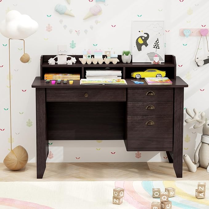 48" Computer Desk with 4 Storage Drawers and Hutch Wood Executive Table for PC Laptop