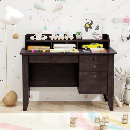 48" Computer Desk with 4 Storage Drawers and Hutch Wood Executive Table for PC Laptop