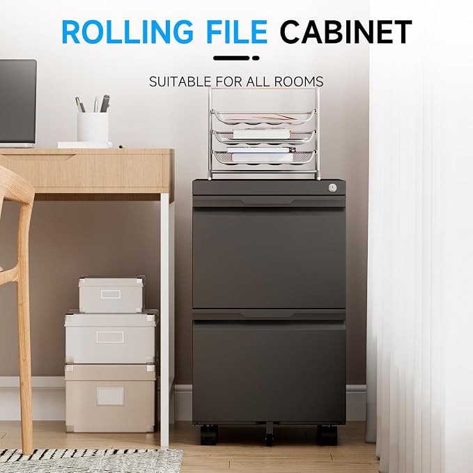 Bestoo Mobile File Cabinet with Lock, 2 Drawer Filing Cabinet, Under Desk Metal Rolling Filing Cabinets for Home Office, Fits Letter/Legal/A4 Size File, Easy Assembly