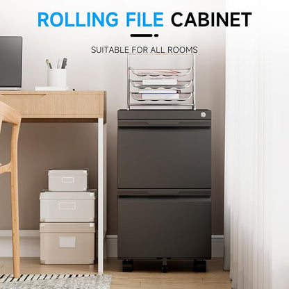 Bestoo Mobile File Cabinet with Lock, 2 Drawer Filing Cabinet, Under Desk Metal Rolling Filing Cabinets for Home Office, Fits Letter/Legal/A4 Size File, Easy Assembly