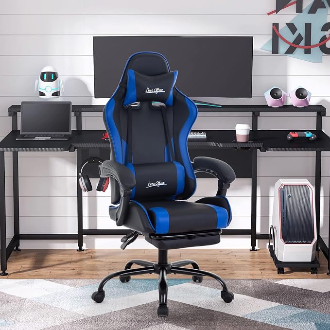 Gaming Chair Office Chair Desk Chair with Footrest Lumbar Support Headrest Armrest Task Rolling Swivel Ergonomic E-Sports Adjustable PC Gamer Chair (Blue)