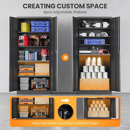Metal Garage Cabinets with Lock, 72" H Garage Storage Cabinet with 2 Doors and 4 Adjustable Shelves, Steel Locking Caninet Tall Tool Storage Cabinets, Lockable File Cabnet for Home Office