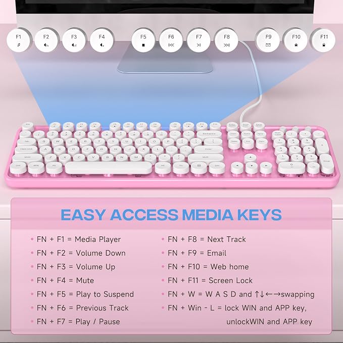 MOWUX Computer Keyboard Wired, Plug and Play USB Retro Round Typewriter Keyboard, Full Size Wired Keyboard with Foldable Stands for Laptop and Office PC- Pink