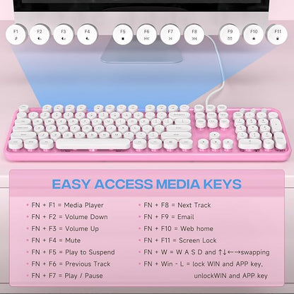 MOWUX Computer Keyboard Wired, Plug and Play USB Retro Round Typewriter Keyboard, Full Size Wired Keyboard with Foldable Stands for Laptop and Office PC- Pink