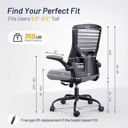 Office Desk Chair for Long Hours & Back Pain Relief – 4“ Thick Molded Foam Cushion, Enhanced Lumbar Support, Padded Flip-up Armrests, Ideal for Office or Study, Dark Gray