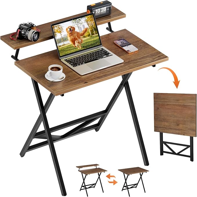 WOHOMO Folding Computer Desk with Adjustable Height, 23.6" x 31.5" x 25.6" Foldable Table with Monitor Stand, Small Office Desk for Bedroom, Space Saving Desk for Home Office, Easy Assemble, Walnut
