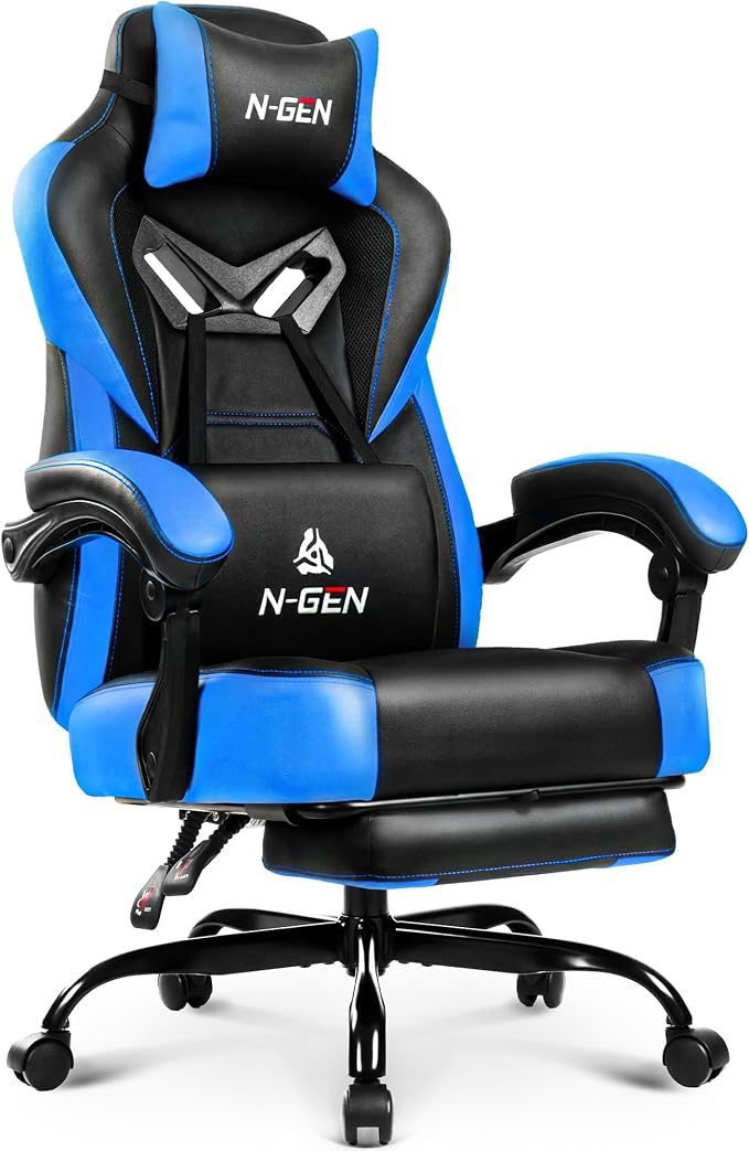 N-GEN GAMING Gaming Chair Big and Tall Computer Heavy Duty Office Desk Chair with Footrest Ergonomic Lumbar Support High Back Recliner for Adults (Blue)