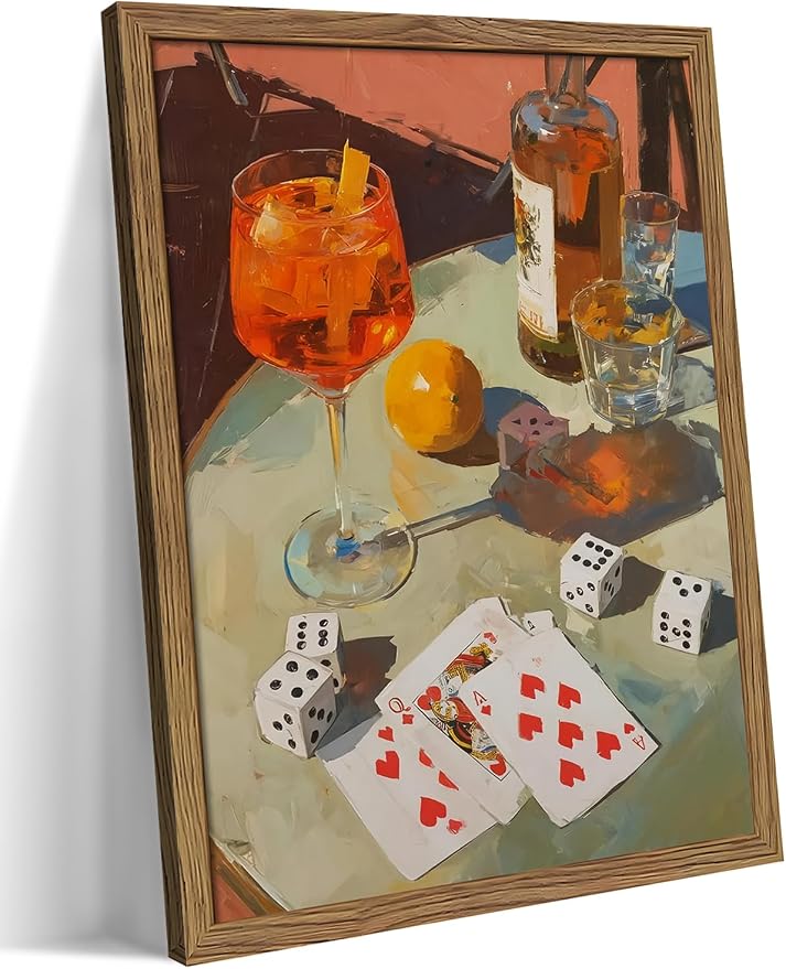 Vintage Framed Cocktail Canvas Wall Art, Retro Dice and Cards Poster Print, Alcohol Drink Bar Cart Wall Decor, Gambling Table Still Life Pictures Pub Decor for Living Room Game Room 8x10 inch