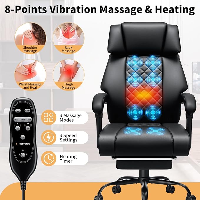 HOFFREE 8-Point Vibration & Heat Massage Office Chair with Footrest,Black | Massage Desk Chair for Heavy People 500lbs Big and Tall Office Chair with Adjustable Headrest and Linkage Armrests,Leather