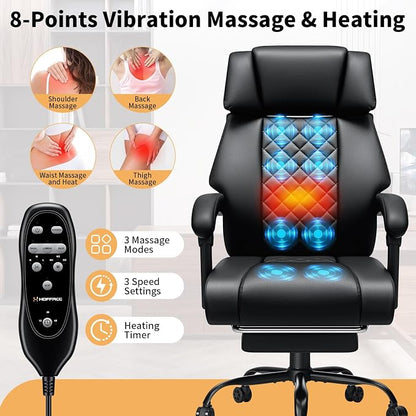 HOFFREE 8-Point Vibration & Heat Massage Office Chair with Footrest,Black | Massage Desk Chair for Heavy People 500lbs Big and Tall Office Chair with Adjustable Headrest and Linkage Armrests,Leather