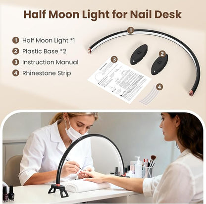 Yokilly Arc Half Moon Light: 20" Half Moon Light with Foldable Bracket for Desk Salon Table Use - No Flicker & Shadow-Free Desk Lamp with Stepless Brightness 3000-6500K for Manicurist Nail Tech