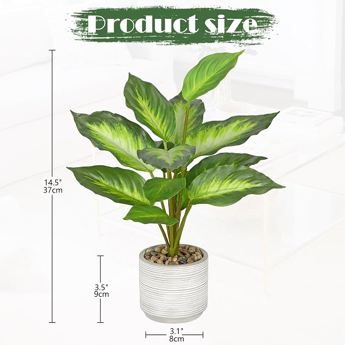 Small Fake Plants Indoor 14.5 Inch Potted Plant Artificial Decor 12 Leaves Faux Plant with Cement Pot Silk House Plants for Home Office Bathroom Kitchen Farmhouse Table Centerpieces Shelf Decor