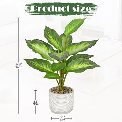Small Fake Plants Indoor 14.5 Inch Potted Plant Artificial Decor 12 Leaves Faux Plant with Cement Pot Silk House Plants for Home Office Bathroom Kitchen Farmhouse Table Centerpieces Shelf Decor