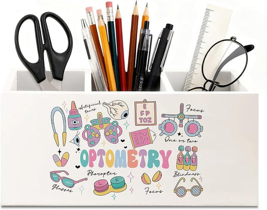 Optometry Gifts Pen Holder for Desk, Eye Doctor Gifts Wooden Box Sign Desk Decor for Office Home Decoration, Gift for Optician Ophthalmic Technician Pencil Organizer