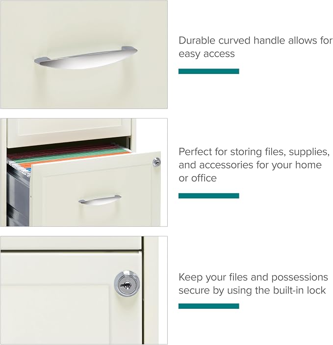 Space Solutions - 2 Drawer Fully Assembled Vertical Steel File Cabinet, Home & Small Office Use, Fits Under Most Desks, Letter-Size, Lock, Mobile, Pearl White