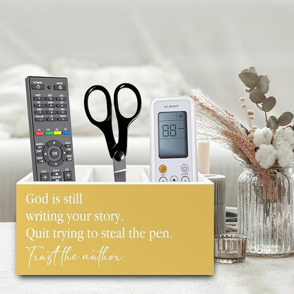 Yellow Christian Inspirational Pen Pencil Holder Organizer for Desk, Christian Office Decor, God Is Still Writing Your Story Bible Verse Wooden Box Sign for Office Home Desk Tabletop Decorations