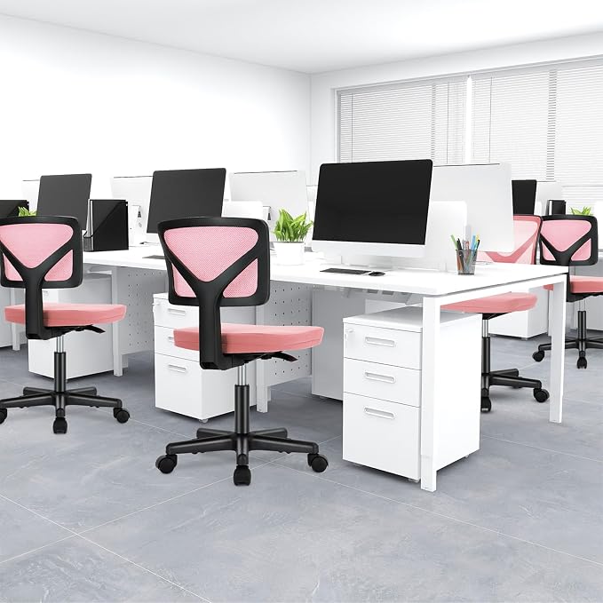 DUMOS Small Office Chair Armless, Ergonomic Adjustable Home Office Swivel Rolling Task Chair No Arms, Comfy Mesh Mid Back Computer Work Vanity Desk Chiars with Wheels for Small Spaces, Hot Pink